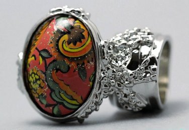 Arty Oval Ring Paisley Glitter Orange Multi Vintage Silver Armor Knuckle Art Statement Size 10