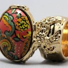 Arty Oval Ring Paisley Glitter Orange Multi Vintage Gold Armor Knuckle Art Statement Size 4.5