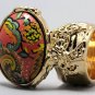 Arty Oval Ring Paisley Glitter Orange Multi Vintage Gold Armor Knuckle Art Statement Size 4.5