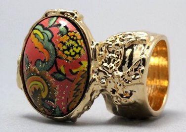 Arty Oval Ring Paisley Glitter Orange Multi Vintage Gold Armor Knuckle Art Statement Size 10