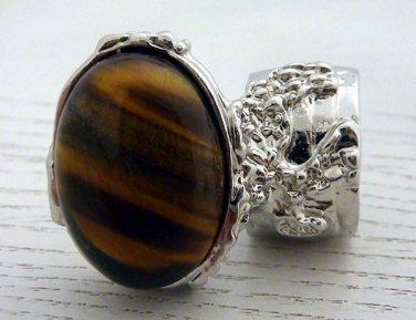 Arty Oval Ring Tiger's Eye Silver Artsy Chunky Knuckle Art Gemstone Avant Garde Statement Size 9