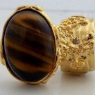 Arty Oval Ring Tiger's Eye Gold Artsy Chunky Knuckle Art Gemstone Avant Garde Statement Size 4.5