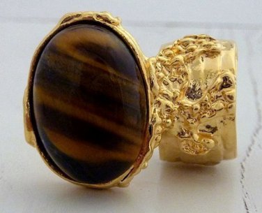 Arty Oval Ring Tiger's Eye Gold Artsy Chunky Knuckle Art Gemstone Avant Garde Statement Size 6