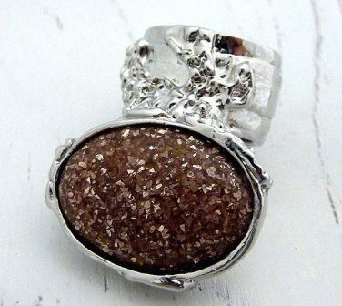 Arty Oval Ring Brown Peach Gold Glitter Silver Artsy Chunky Deco Knuckle Art Statement Size 8