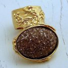 Arty Oval Ring Brown Peach Glitter Gold Artsy Chunky Deco Knuckle Art Fashion Statement Size 4.5