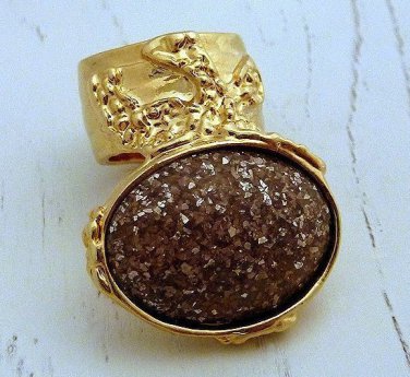 Arty Oval Ring Brown Peach Glitter Gold Artsy Chunky Deco Knuckle Art Fashion Statement Size 6