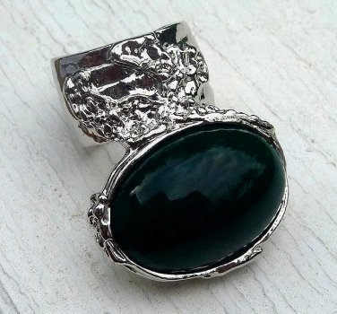Arty Oval Ring Green Vintage Italian Glass Silver Artsy Chunky Deco Knuckle Art Statement Size 8.5