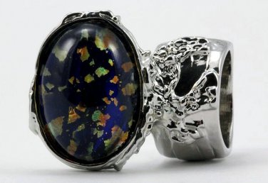 Arty Oval Ring Blue Multi Opal Vintage Glass Silver Artsy Chunky Knuckle Art Statement Size 5