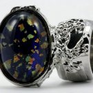 Arty Oval Ring Blue Multi Opal Vintage Glass Silver Artsy Chunky Knuckle Art Statement Size 9