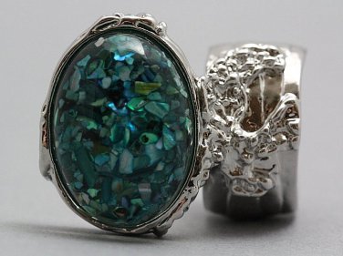 Arty Oval Ring Turquoise Mosaic Shell Silver Artsy Designer Chunky Knuckle Art Statement Size 9