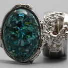 Arty Oval Ring Turquoise Mosaic Shell Silver Artsy Designer Chunky Knuckle Art Statement Size 10