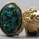 Arty Oval Ring Turquoise Mosaic Shell Gold Artsy Designer Chunky Knuckle Art Statement Size 4.5