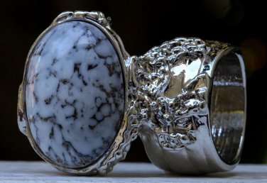 Arty Oval Ring White Marble Glass Gray Black Silver Artsy Chunky Deco Knuckle Art Statement Size 6