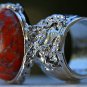 Arty Oval Ring Coral Matrix Glass Silver Artsy Designer Chunky Deco Knuckle Art Statement Size 5
