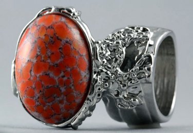 Arty Oval Ring Coral Matrix Glass Silver Artsy Designer Chunky Deco Knuckle Art Statement Size 8