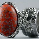 Arty Oval Ring Coral Matrix Glass Silver Artsy Designer Chunky Deco Knuckle Art Statement Size 9