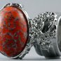 Arty Oval Ring Coral Matrix Glass Silver Artsy Designer Chunky Deco Knuckle Art Statement Size 9