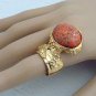 Arty Oval Ring Coral Matrix Glass Gold Artsy Designer Chunky Deco Knuckle Art Statement Size 6