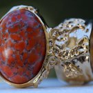 Arty Oval Ring Coral Matrix Glass Gold Artsy Designer Chunky Deco Knuckle Art Statement Size 10