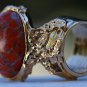 Arty Oval Ring Coral Matrix Glass Gold Artsy Designer Chunky Deco Knuckle Art Statement Size 10