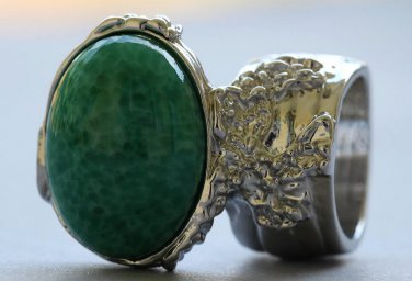 Arty Oval Ring Jade Green Glass Silver Artsy Designer Chunky Deco Knuckle Art Statement Size 6