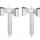 Bow Drop Tassel Earrings with Fringe Chains Large Ribbon Chain Silver Designer Fashion Statement
