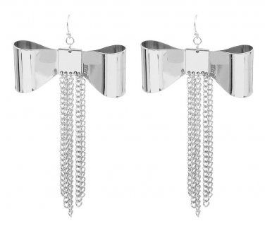 Bow Drop Tassel Earrings with Fringe Chains Large Ribbon Chain Silver Designer Fashion Statement