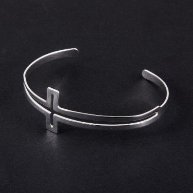 Skinny Sideways Cross Cuff Bracelet Silver Designer Style Openwork Design