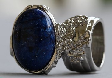 Arty Oval Ring Cosmic Blue Midnight Sky Silver Chunky Artsy Armor Knuckle Art Statement Size 10