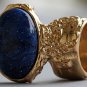 Arty Oval Ring Cosmic Blue Midnight Sky Gold Chunky Artsy Armor Knuckle Art Statement Size 4.5
