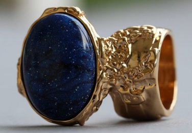 Arty Oval Ring Cosmic Blue Midnight Sky Gold Chunky Artsy Armor Knuckle Art Statement Size 6