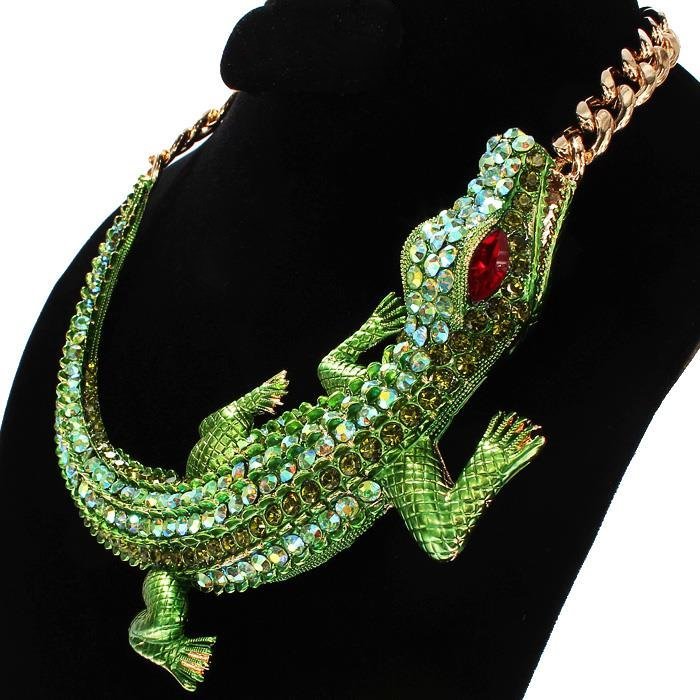 Fashion Exaggerated Rhinestone Green Crocodile Necklace For Women Gothic Animal Clavicle Chain Choker Collars Statement Jewelry