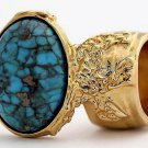 Arty Oval Ring Turquoise Vintage Chunky Gold Artsy Armor Knuckle Art Statement Jewelry Size 4.5
