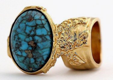 Arty Oval Ring Turquoise Vintage Chunky Gold Artsy Armor Knuckle Art Statement Jewelry Size 4.5