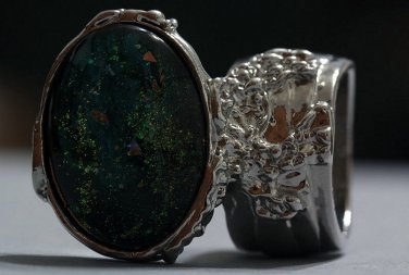Arty Oval Ring Atlantis Green Galaxy Silver Glass Sparkly Fantasy Chunky Artsy Knuckle Art Size 5