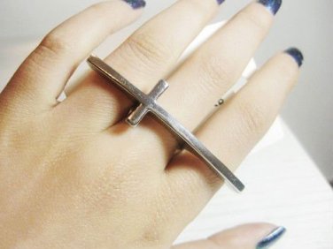Sideways Cross Ring Forever 21 Boho Indie Bohemian Knuckle Armor Silver Single Curved Size 7