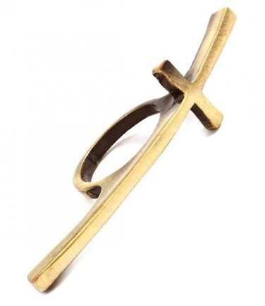 Sideways Cross Ring Boho Chic Indie Single Finger Long Knuckle Armor Antique Gold Curved Size 6