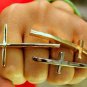 Sideways Cross Ring Boho Chic Indie Single Finger Long Knuckle Armor Antique Gold Curved Size 6