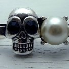 Two Finger Skull Cross Ring Goth Emo Double Knuckle Connector Black Antique Silver Pearl Bead