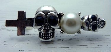 Two Finger Skull Cross Ring Goth Emo Double Knuckle Connector Black Antique Silver Pearl Bead