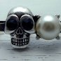 Two Finger Skull Cross Ring Goth Emo Double Knuckle Connector Black Antique Silver Pearl Bead