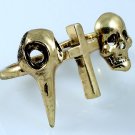 Raven Cross Skull Two Finger Ring Halloween Antique Gold Goth Punk Armor Knuckle Size 7 Size 8