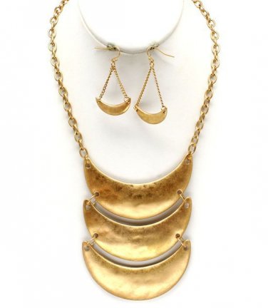 Cresent Moon Shapes Necklace & Earrings Set Bib Style Layered Disks Matte Gold Chain