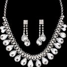 Tear Drop Bridal Necklace & Earrings Set Bib Style Collar Crystals Beads Silver Wedding Statement