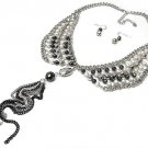 Beaded Peter Pan Style Collar Necklace & Earrings Set Tassels Hematite Beads Silver Statement