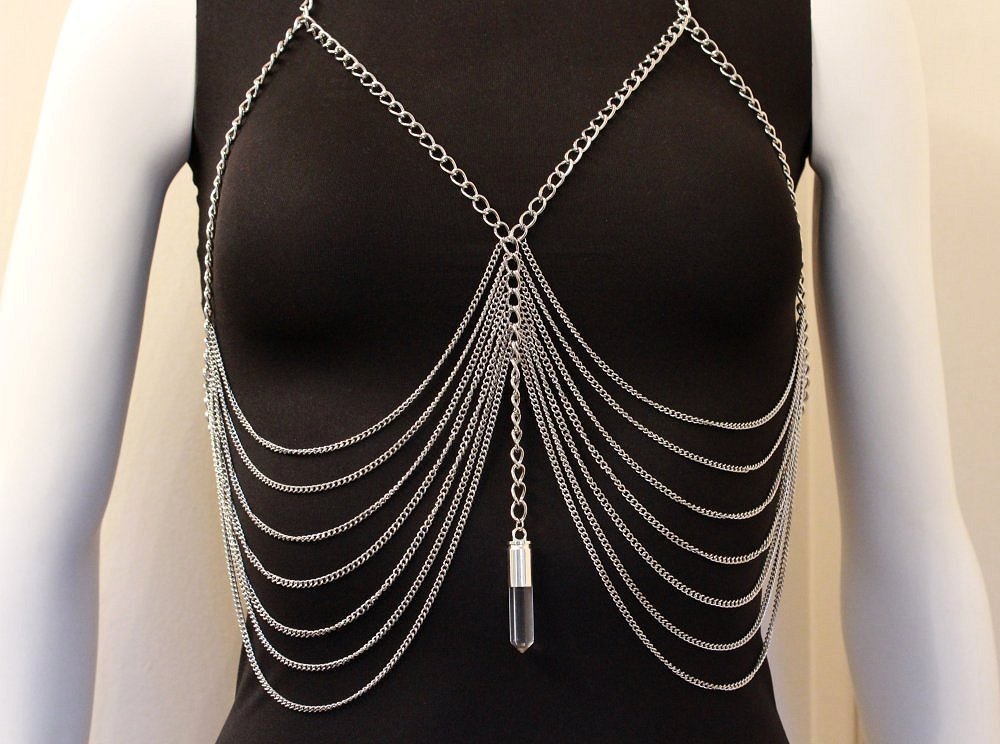 Bullet Body Chain Clear Crystal Quartz Ribcage Silver Double Chest ...