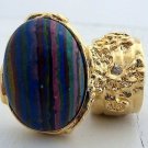 Arty Oval Ring Rainbow Calsilica Gold Knuckle Art Chunky Armor Deco Avant Garde Statement Size 10