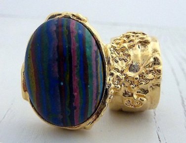 Arty Oval Ring Rainbow Calsilica Gold Knuckle Art Chunky Armor Deco Avant Garde Statement Size 10