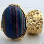 Arty Oval Ring Rainbow Calsilica Gold Knuckle Art Chunky Armor Deco Avant Garde Statement Size 10