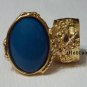 Arty Oval Ring Dark Teal Gold Knuckle Art Chunky Artsy Armor Deco Avant Garde Statement Size 4.5